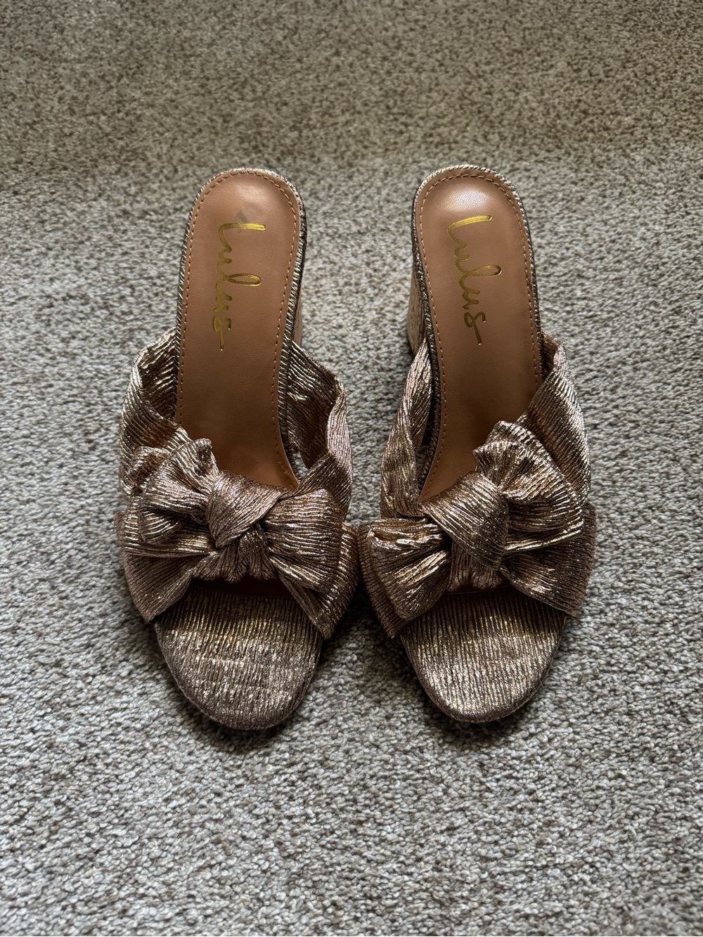 Lulu's Metallic Knot Bow Slide Heels in Rose Gold